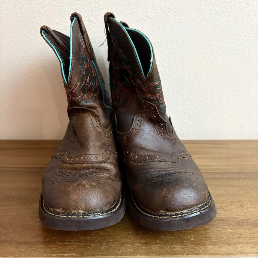Justin Cowboy Boots 11B Brown Leather Turquoise Stitch Western Kids L9607